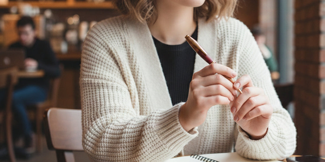 お気に入りのカフェで手帳を開き、木軸ペンを手に持って心地よい手帳時間を過ごす女性の手元