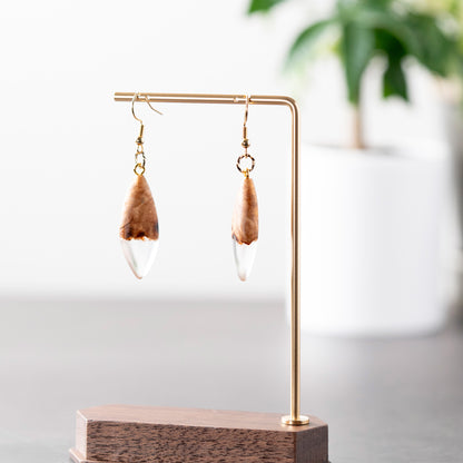 <1点もの>【KomaCraft】ピアス(フックピアス)　瘤杢×レジン　 (ドロップ型・クリア)