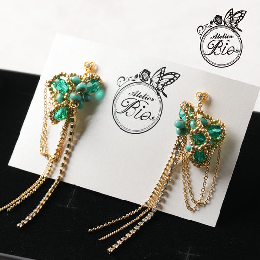 <1点もの>【Atelier BIO】ピアス｜ バタフライモチーフピアス ターコイズ×チェーンフリンジ⑬