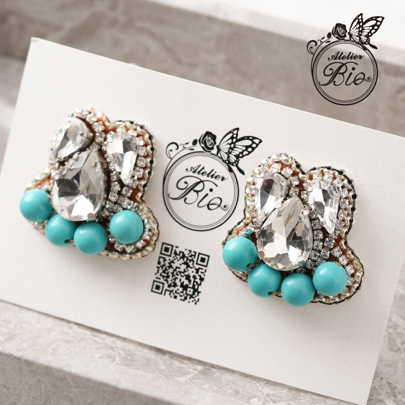 <1点もの>【Atelier BIO】ピアス｜ 主役級の刺繍ピアス ビジュー×ターコイズ⑤