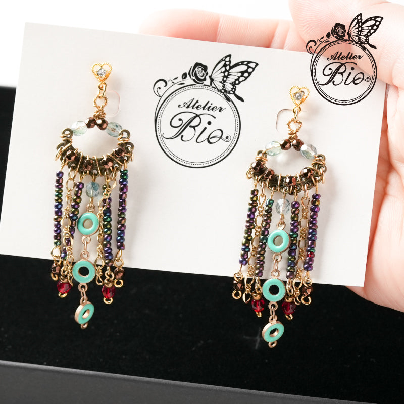 <1点もの>【Atelier BIO】ピアス｜ 大人のためのフリンジピアス ビーズ×チェーン⑥