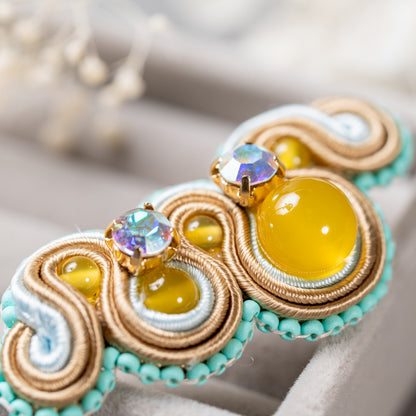 <1点もの>【Atelier BIO】ソウタシエ大振りピアス｜イエローメノウ×ジルコニア(アイシーブルー）