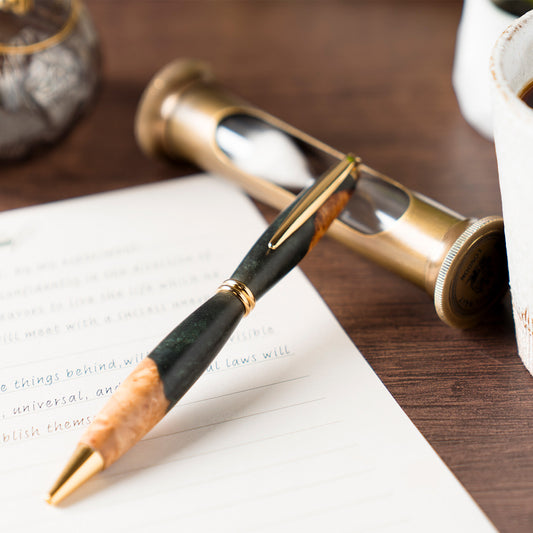 <1点もの>【KomaCraft】ボールペン　プレジデント　瘤杢×レジン(深緑)