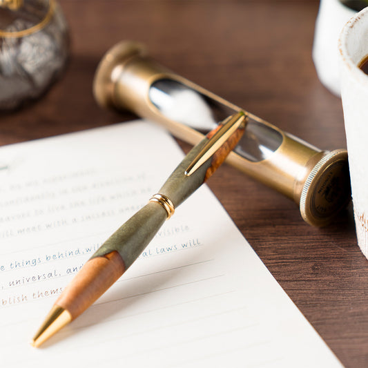 <1点もの>【KomaCraft】ボールペン　プレジデント　瘤杢×レジン(カーキ)