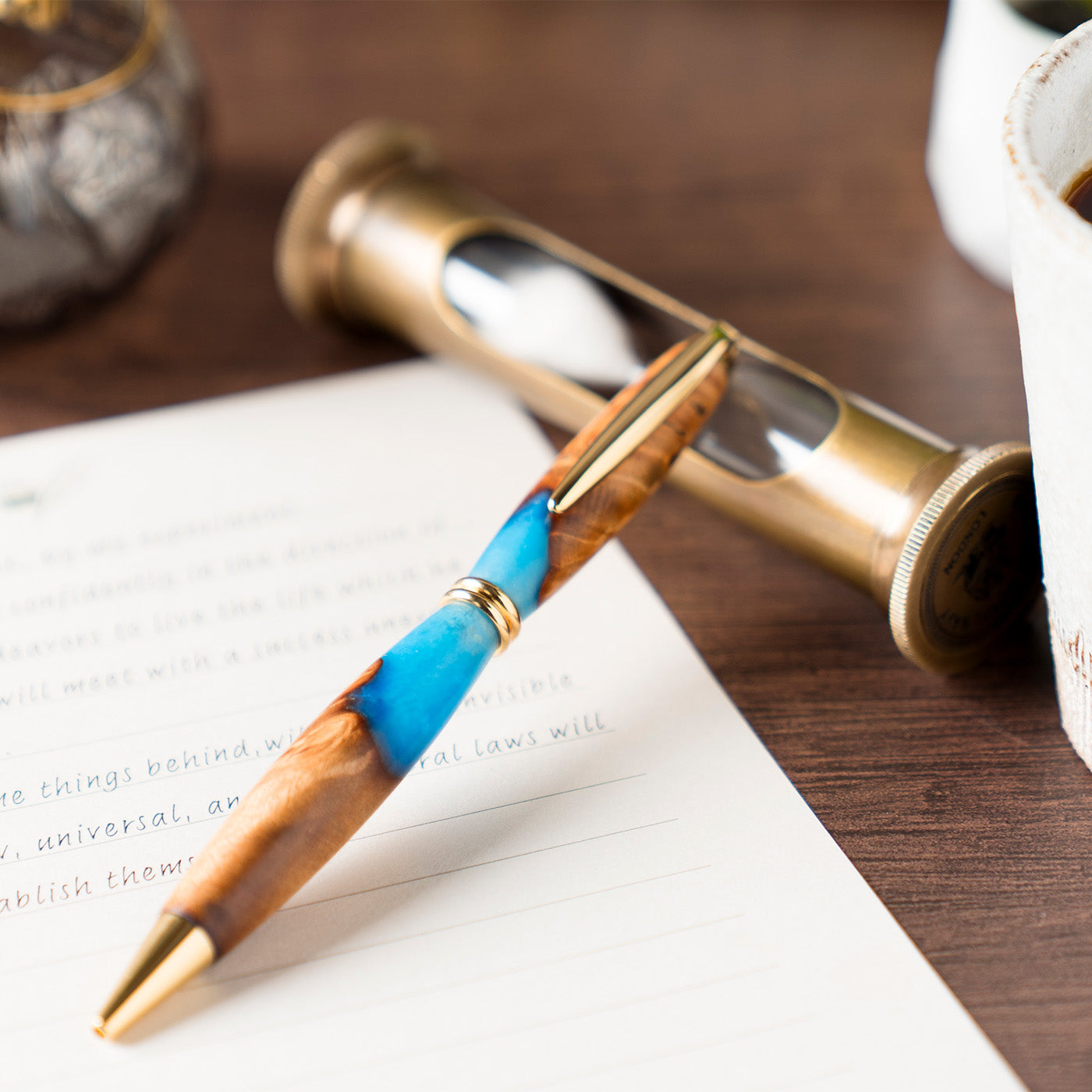 <1点もの>【KomaCraft】ボールペン　プレジデント　瘤杢×レジン(青)