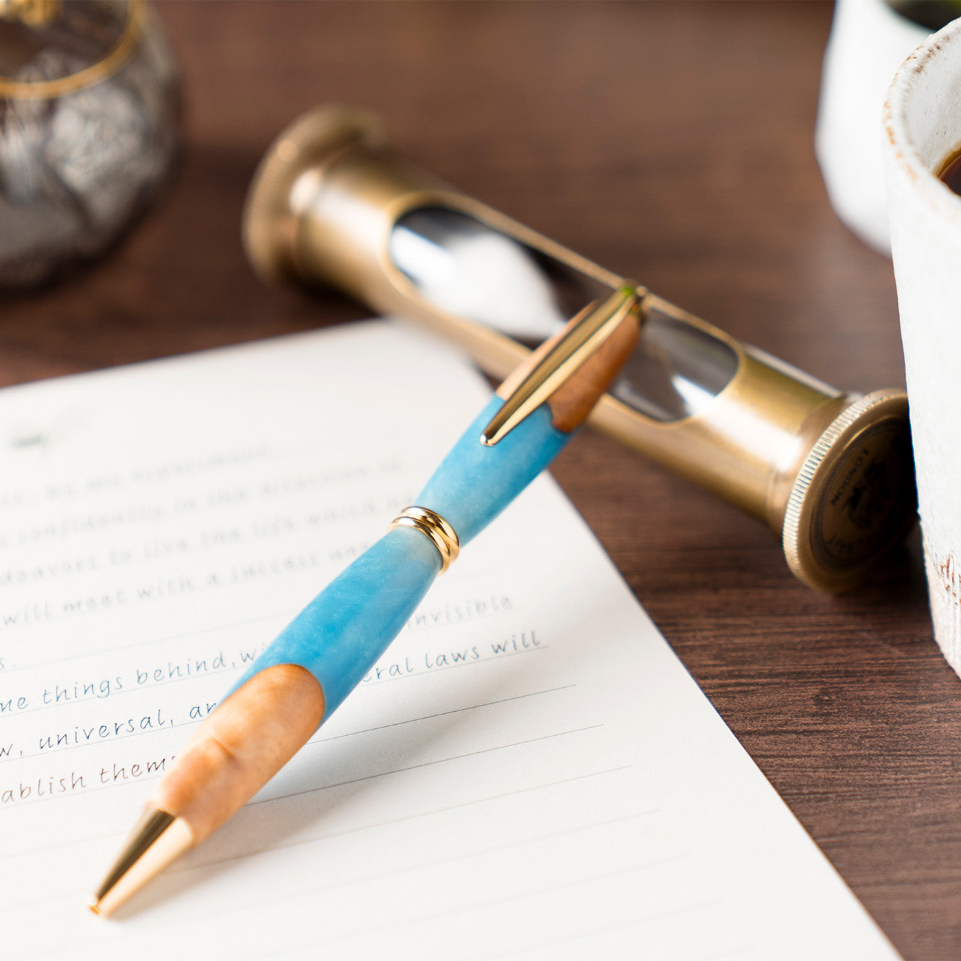 <1点もの>【KomaCraft】ボールペン　プレジデント　瘤杢×レジン(水色)