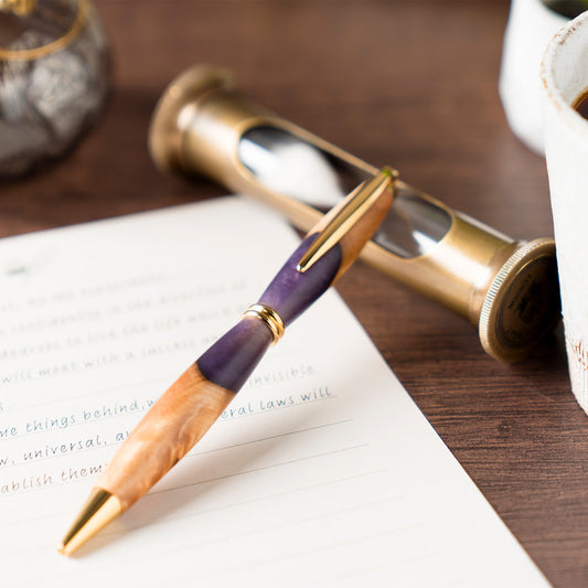 <1点もの>【KomaCraft】ボールペン　プレジデント　瘤杢×レジン(紫)