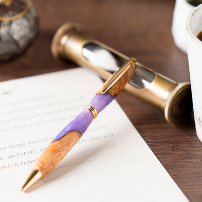 <1点もの>【KomaCraft】ボールペン　プレジデント　瘤杢×レジン(藤色)