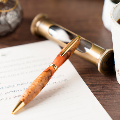 <1点もの>【KomaCraft】ボールペン　プレジデント　瘤杢×レジン(オレンジ)