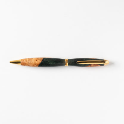 <1点もの>【KomaCraft】ボールペン　プレジデント　瘤杢×レジン(深緑)