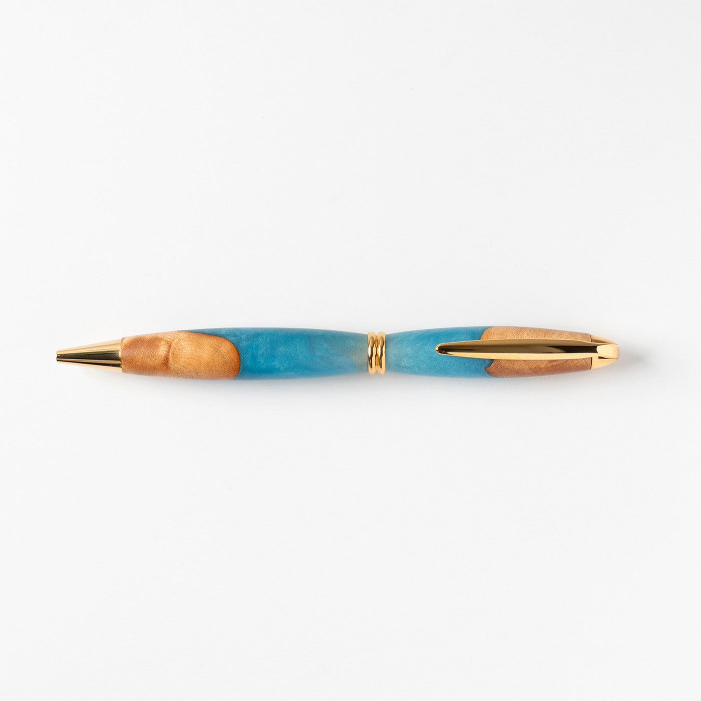 <1点もの>【KomaCraft】ボールペン　プレジデント　瘤杢×レジン(水色)