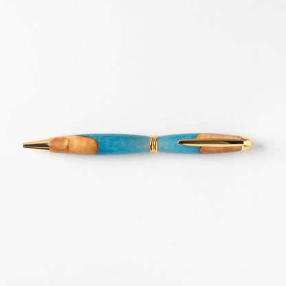 <1点もの>【KomaCraft】ボールペン　プレジデント　瘤杢×レジン(水色)