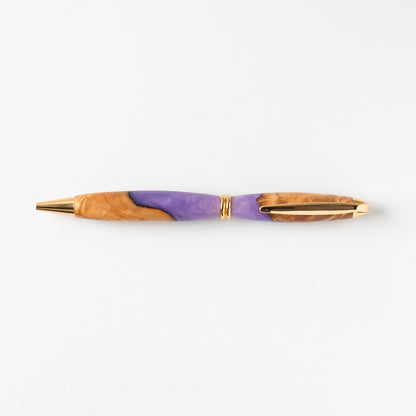 <1点もの>【KomaCraft】ボールペン　プレジデント　瘤杢×レジン(藤色)