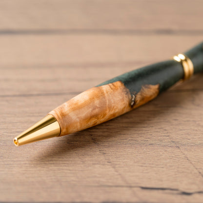 <1点もの>【KomaCraft】ボールペン　プレジデント　瘤杢×レジン(深緑)