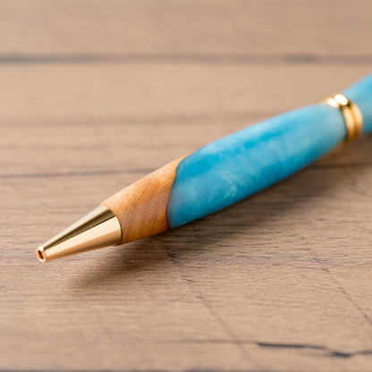 <1点もの>【KomaCraft】ボールペン　プレジデント　瘤杢×レジン(水色)