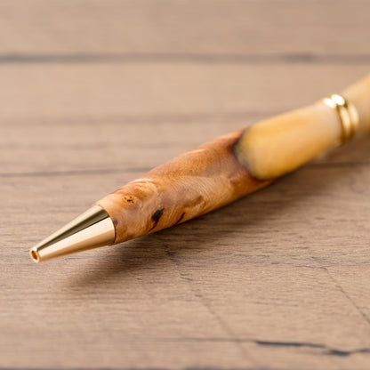 <1点もの>【KomaCraft】ボールペン　プレジデント　瘤杢×レジン(金)