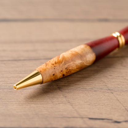 <1点もの>【KomaCraft】ボールペン　プレジデント　瘤杢×レジン(えんじ)