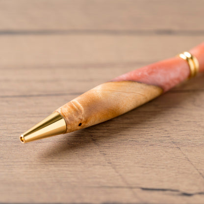 <1点もの>【KomaCraft】ボールペン　プレジデント　瘤杢×レジン(ピンク)