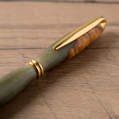 <1点もの>【KomaCraft】ボールペン　プレジデント　瘤杢×レジン(カーキ)