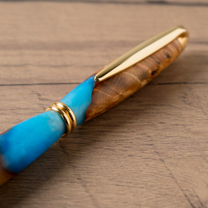 <1点もの>【KomaCraft】ボールペン　プレジデント　瘤杢×レジン(青)