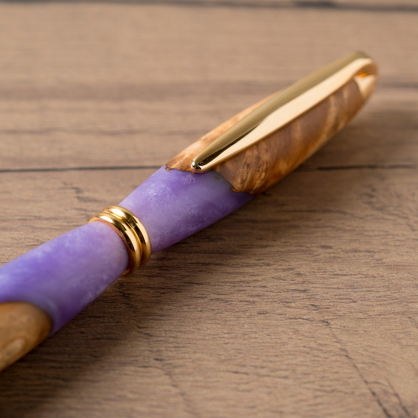 <1点もの>【KomaCraft】ボールペン　プレジデント　瘤杢×レジン(藤色)