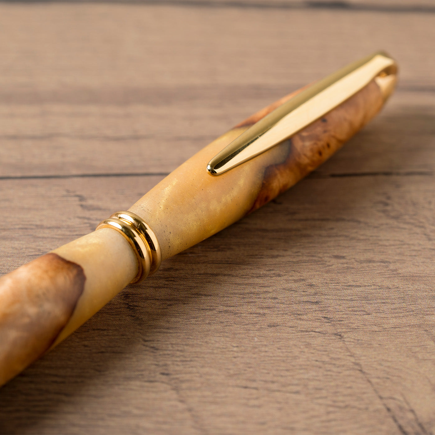 <1点もの>【KomaCraft】ボールペン　プレジデント　瘤杢×レジン(金)