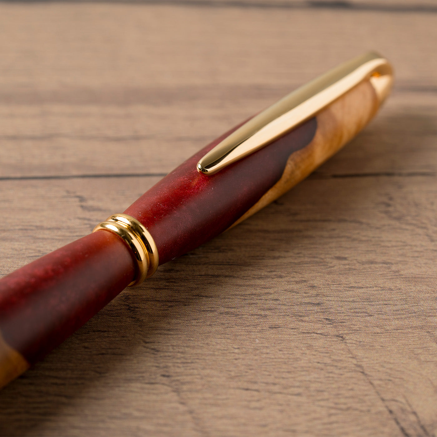 <1点もの>【KomaCraft】ボールペン　プレジデント　瘤杢×レジン(えんじ)