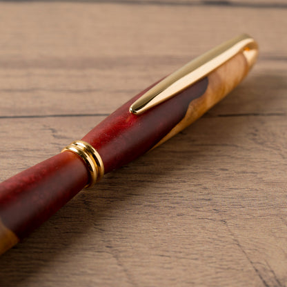 <1点もの>【KomaCraft】ボールペン　プレジデント　瘤杢×レジン(えんじ)