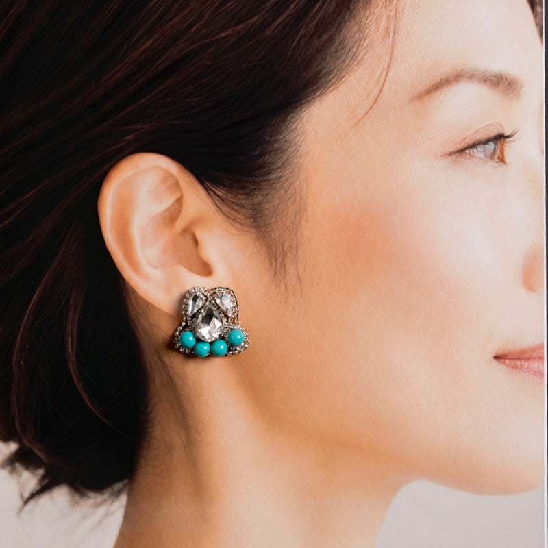 <1点もの>【Atelier BIO】ピアス｜ 主役級の刺繍ピアス ビジュー×ターコイズ⑤