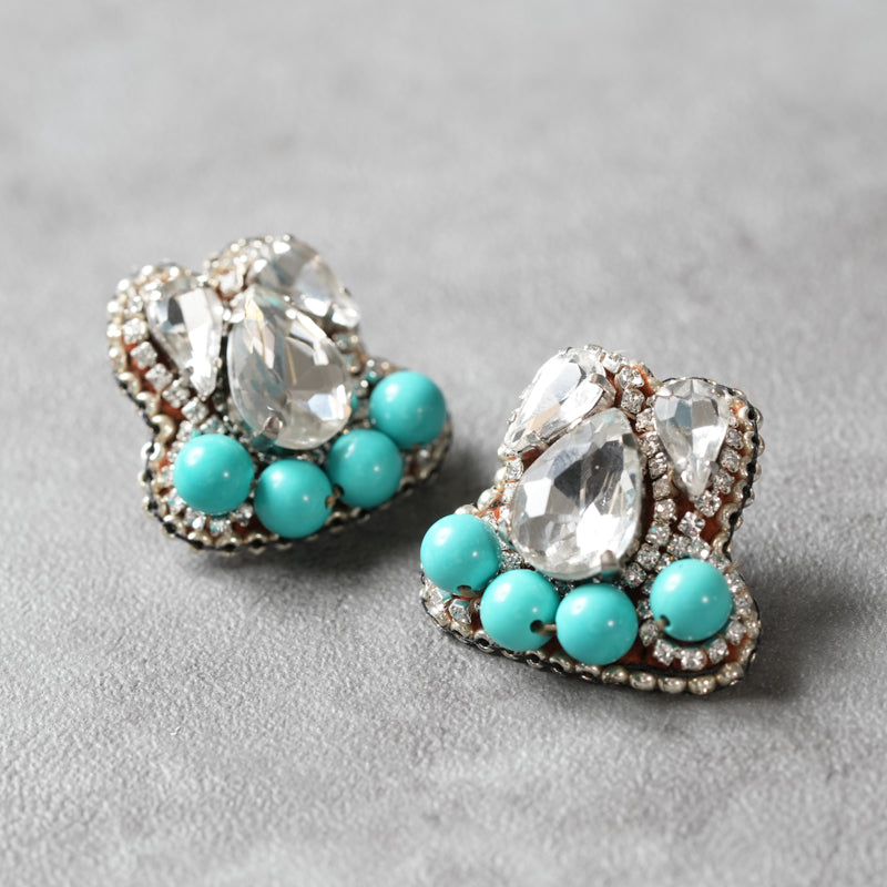<1点もの>【Atelier BIO】ピアス｜ 主役級の刺繍ピアス ビジュー×ターコイズ⑤
