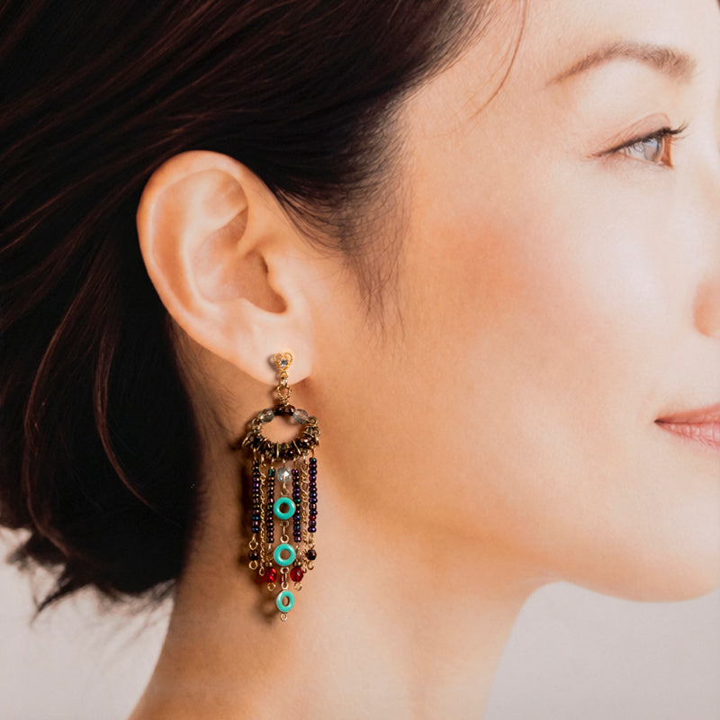<1点もの>【Atelier BIO】ピアス｜ 大人のためのフリンジピアス ビーズ×チェーン⑥