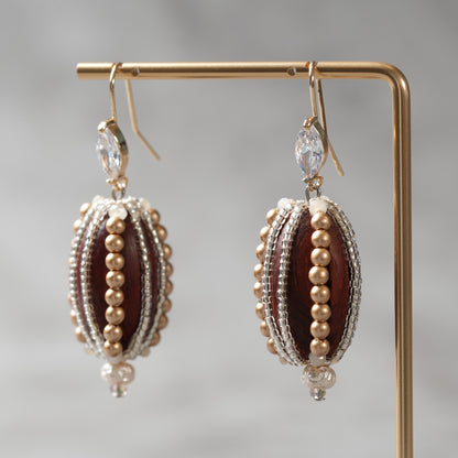 <1点もの>【Atelier BIO】ピアス｜ オーバル型フックピアス ウッドビーズ×ワイヤービーズ⑧