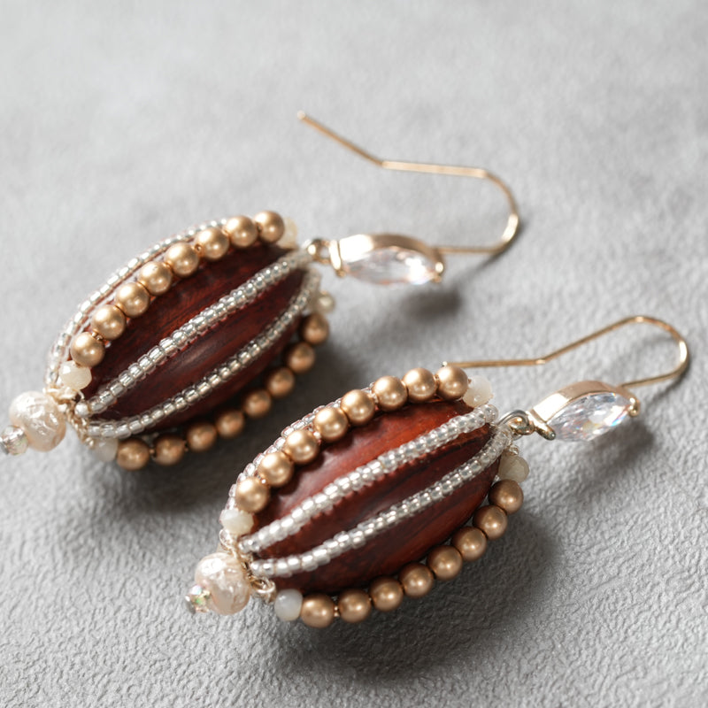 <1点もの>【Atelier BIO】ピアス｜ オーバル型フックピアス ウッドビーズ×ワイヤービーズ⑧