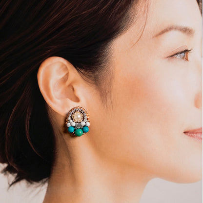 <1点もの>【Atelier BIO】ピアス｜ エレガントな刺繍ピアス ターコイズ×ハウライト⑪