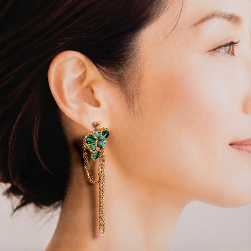 <1点もの>【Atelier BIO】ピアス｜ バタフライモチーフピアス ターコイズ×チェーンフリンジ⑬