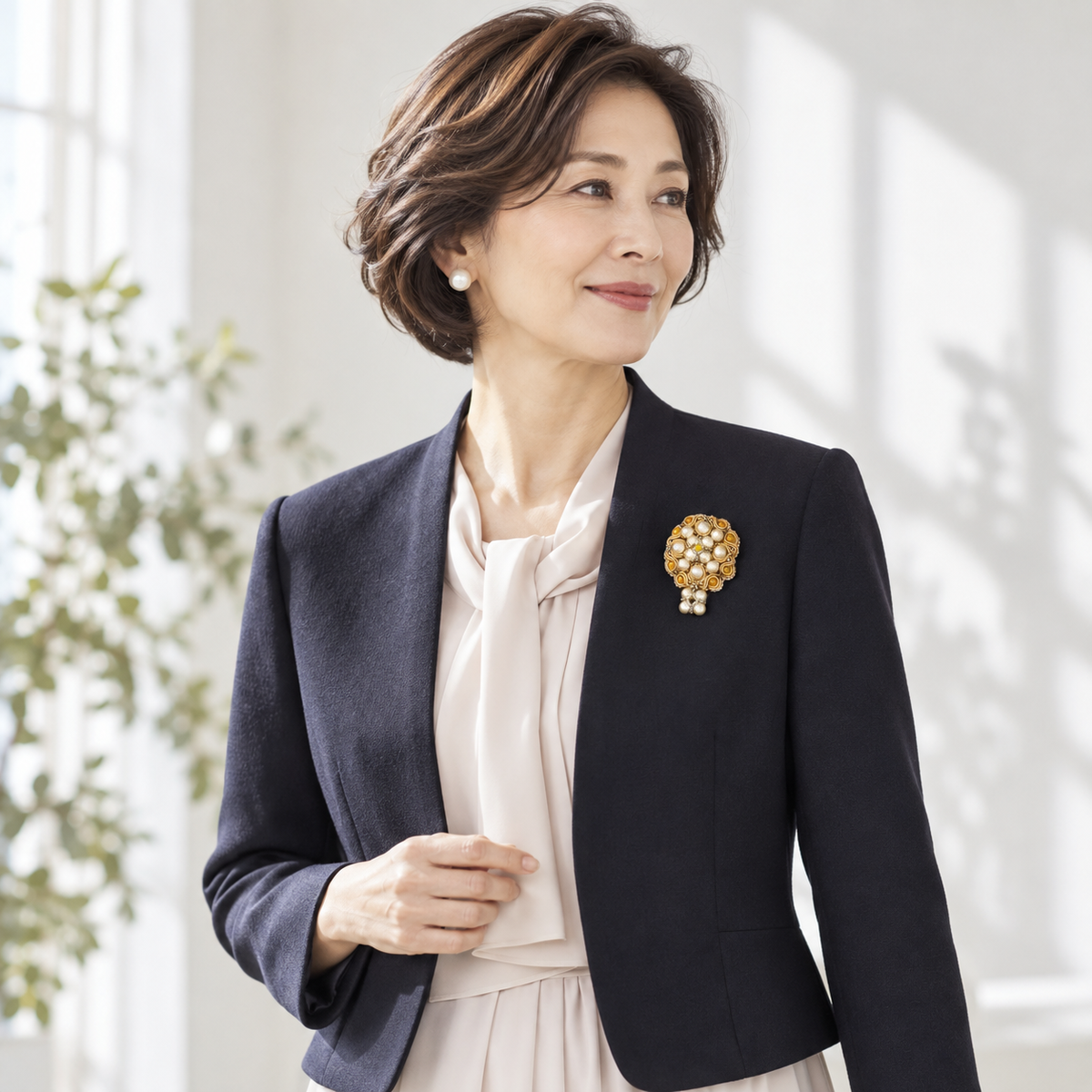 <1点もの>【Atelier BIO】ブローチ｜ロイヤルソウタシ刺繍ブローチ イエローメノウ×ノーブルパール×スワロフスキー
