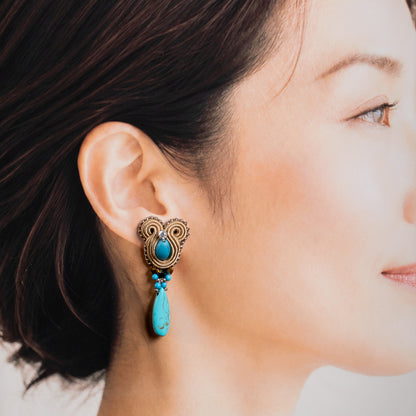 <1点もの>【Atelier BIO】ソウタシエ ドロップピアス｜ターコイズ×シャンパンゴールド