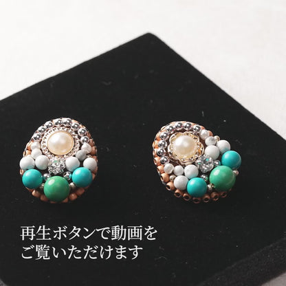 <1点もの>【Atelier BIO】ピアス｜ エレガントな刺繍ピアス ターコイズ×ハウライト⑪